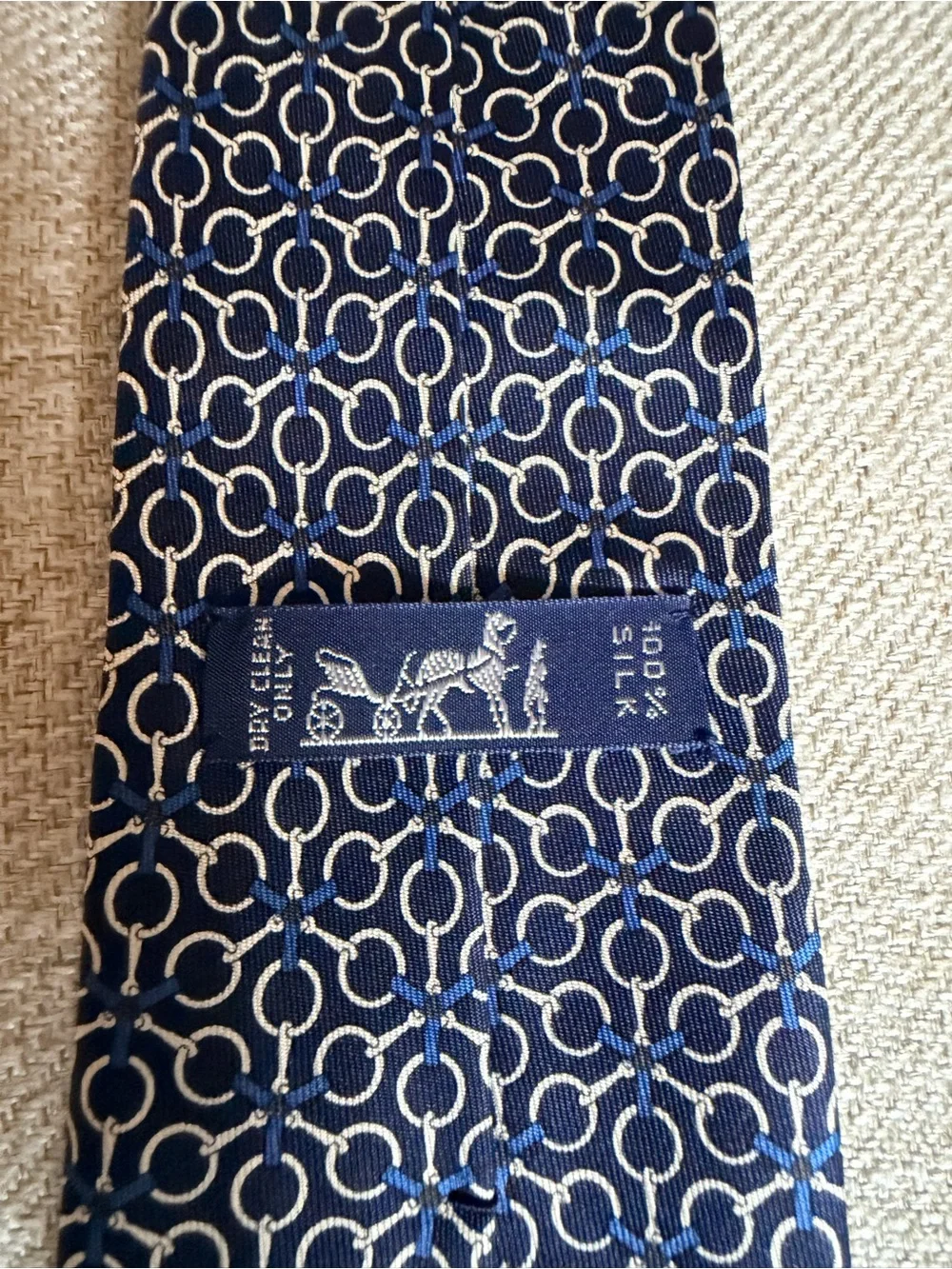 Hermes Navy Silk Tie with Interlocking Ring Pattern AUTHENTIC